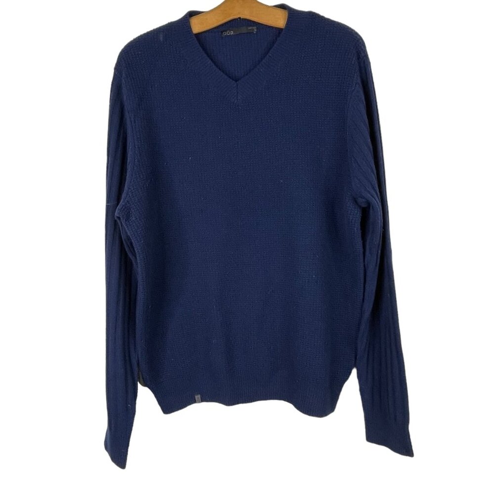 QOR Merino Wool Blend Pullover Sweater VNeck Blue Size Medium Old Money Golf